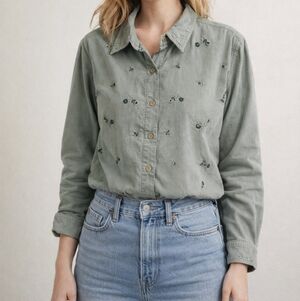 Vintage Micro Corduroy Floral Embroidered Button Down Cotton Shirt Size XL 18/20